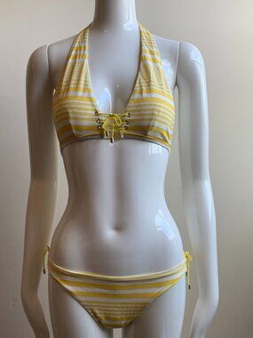 Sauvage yellow silver foil lace up bikini